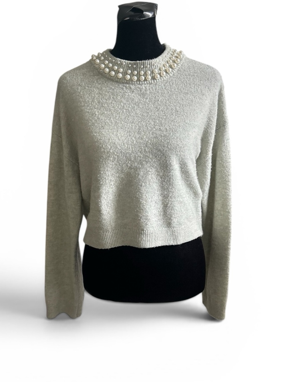 H&M Pearl-Embellished Crewneck Sweater - Light Gray